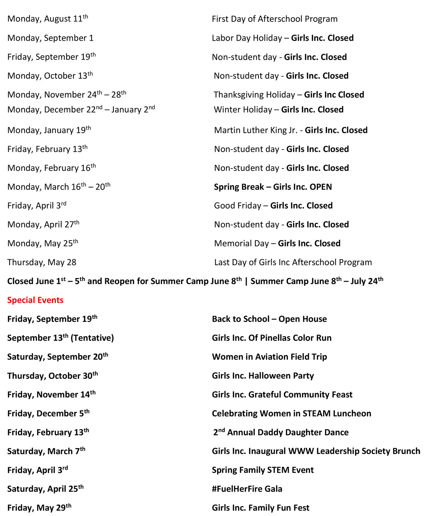 Image of Girls Inc Schedule