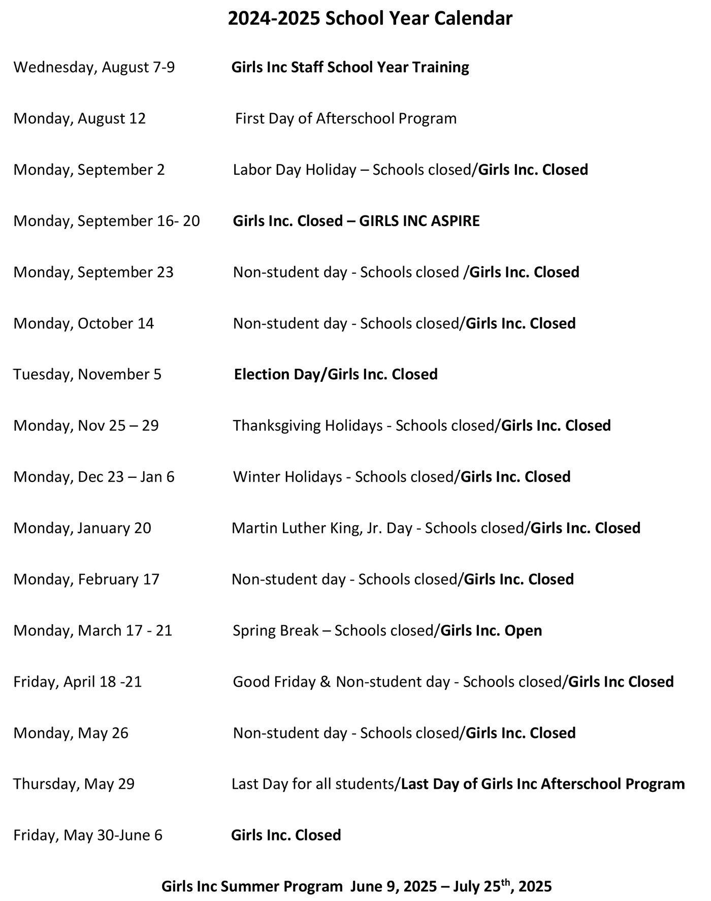 Image of Girls Inc Schedule